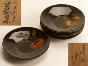 【流】能登輪島塗 図替蒔絵 煎茶茶托 五客 共箱 DH837