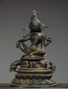 ▽鴻▽ 銅製 拓金 騎獣菩薩像 置物 古賞物 中国古玩 中国古美術