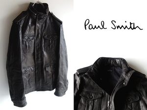 希少 名作 状態良好 PS Paul Smith ポールスミス 羊革 製品洗/USED加工 M-65 ラムレザージャケット ミリタリーコート S 黒 定価118800円