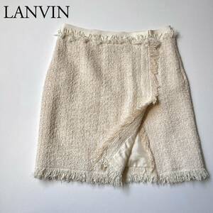 LANVIN PARIS ランバン パリ ツイードフリンジスカート 膝丈スカート　膝上丈　ミニスカート スリッド　フランス製 レディース