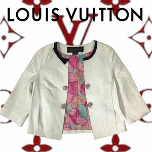 k87 LOUIS VUITTON ルイヴィトン ラムレザー ノーカラー ジャケット 38 フランス製 裏地シルク ビーズボタン フォーマル アイボリー 正規品