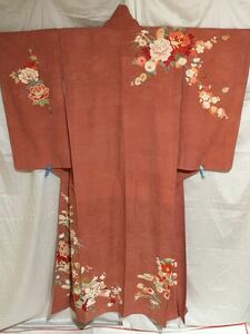 着物　アンティーク　袷　花柄　落ちたピンク色　リメイク材料　生地取り　古布　女性和装　和服　