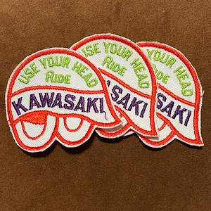 70s KAWASAKI ヴィンテージ ワッペン 当時物本物 カワサキモトクロス 国産旧車 ビンテージ 刺繍パッチ デッドストック USE YOUR HEAD RIDE