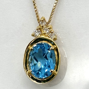 18金イエローゴールド（K18）ダイヤモンド付き オーバルカット ブルートパーズ ペンダント ネックレス