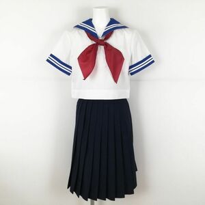 1円 セーラー服 スカート スカーフ 上下3点セット 夏物 白2本線 女子 学生服 中学 高校 白 制服 中古 ランクC NA0891