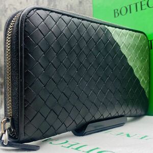 未使用級●希少バイカラー ボッテガヴェネタ BOTTEGA VENETA 長財布 イントレチャート ラウンドファスナー メンズ ビジネス レザー 黒