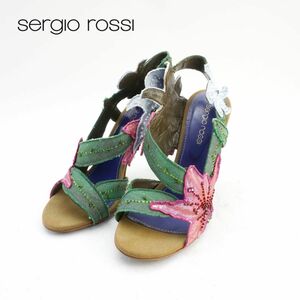 Sergio Rossi セルジオロッシ 36 23.0 サンダル イタリア製 ヒール 花柄 ビーズ刺繍 キャンバス地 グリーン ピンク ライトブルー /IC30