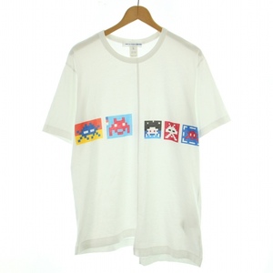 コムデギャルソンシャツ COMME des GARCONS SHIRT Invader Tシャツ カットソー 半袖 クルーネック アシンメトリー プリント L 白