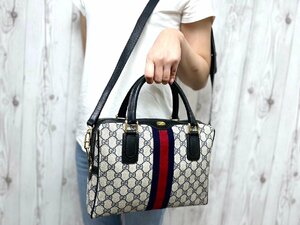 極美品 GUCCI グッチ オールドグッチ GGスプリーム ハンドバッグ ショルダーバッグ バッグ レザー×キャンバス 紺系 2WAY 70724