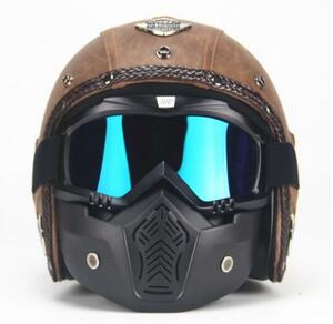新入荷 バイク ジェットヘルメット ハーレーヘルメット PUレザー バイザー付き ゴーグル マスク付 -XXL