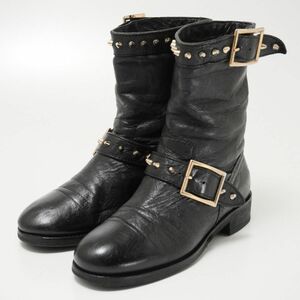 GP8478△伊製*JIMMY CHOO ジミーチュウ*レザー*スタッズ*エンジニアブーツ ショートブーツ シューズ*靴*ブラック*size35/22.5cm相当