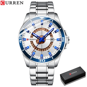 【silver white】メンズ高品質腕時計 海外人気ブランド CURREN 防水 カレンダー クォーツ式　スチールバンド 箱付き