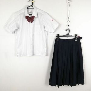 1円 ブラウス スカート リボン 上下3点セット LL 大きいサイズ 夏物 女子 学生服 神奈川海老名高校 白 制服 中古 ランク:C EY4788