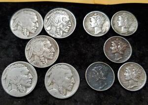 マーキュリーダイム　銀貨　5枚　□バッファロー インディアンヘッド　旧5セント硬貨 5枚　合計10枚