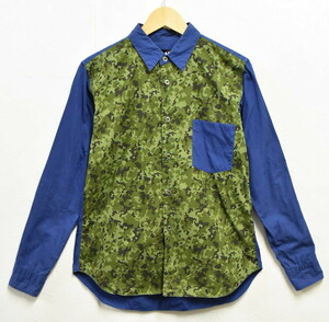 2011年 日本製 ブラック コム・デ・ギャルソン コットン 長袖シャツ ブルー×グリーン系カモフラージュ柄 メンズS(31547