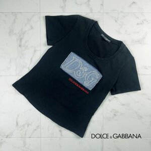 美品 Dolce&Gabbana ドルチェ＆ガッバーナ フロントワッペン刺繍 クルーネック半袖Tシャツ トップス レディース 黒 ブラック サイズS*LC386