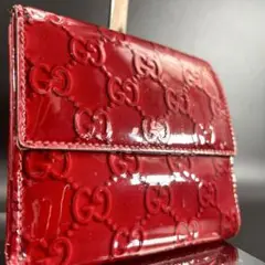 グッチ　折財布　ハート　エナメルレザー　GG　レッド　赤系　金具