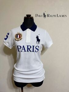 【美品】 Polo Ralph Lauren ポロ ラルフローレン ビッグポニー 鹿の子 ポロシャツ レディース スキニー PARIS ホワイト サイズM 半袖 白