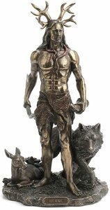 ケルト神話の狩猟の神にして冥府神ケルヌンノス 鹿とオオカミを連れた狩人ハーン ブロンズ風彫像(輸入品