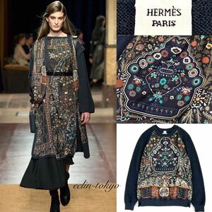 【E3832】新品同様！HERMES エルメス《即完売1番人気のアラベスク模様！》最高級 シルク カレ 切替 ニット セーター 34 ツイルレーヌ