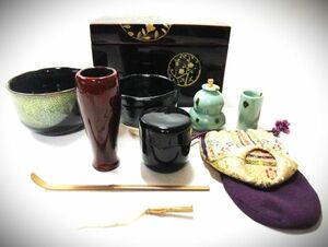 【睦】野点 青貝 螺鈿 金蒔絵 茶箱 天然木 本漆器 抹茶茶碗2 振出 棗 茶巾筒 茶筅筒 羽箒 茶匙 全8点■