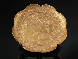 【瓏】古銅鏨刻彫 塗金鴛鴦図賞盤 清代 乾隆年製款 銅器 古賞物 中国古玩 蔵出