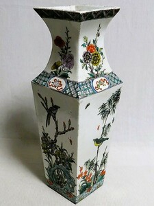 粉彩色絵花瓶 高さ約39cm 花鳥文 花器 古陶磁 花生 中国古玩 時代