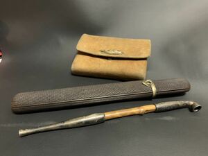 【提物・根付・印籠】煙草入れ＆キセル入れ かます 差し 前金具 宝尽くし 巾着袋 骨董 アンティーク喫煙具 煙管 皮袋