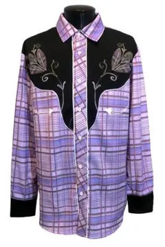 S ウエスタンシャツ チェック 黒×紫 パープル ロカビリー カウボーイ 和柄