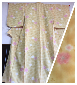 【小紋の着物】正絹 袷 身丈155.5cm 黄くちなし色 暈し柄