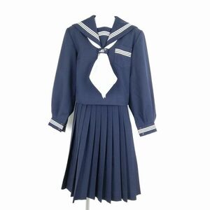 1円 セーラー服 スカート スカーフ 上下3点セット 大きいサイズ 冬物 白3本線 女子 学生服 兵庫灘中学 紺 制服 中古 ランクC NA1254