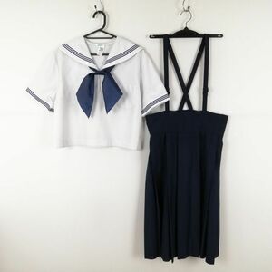 1円 セーラー服 スカート 上下3点セット 170A 大きいサイズ 夏物 青3本線 女子 学生服 中学 高校 白 制服 中古 ランクC NA0327