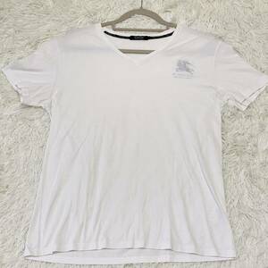 バーバリーブラックレーベル BURBERRY BLACK LABEL Tシャツ 半袖　チェック　白　Vネック　刺繍ロゴ　ホースロゴ　サイズ3（L）