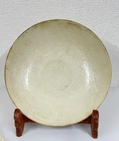 中国古美術　宋時代定窯白磁花卉•鶴紋皿；BL1-7