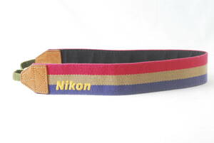 ☆レア☆Nikon ニコン ワイド ストライプ カメラ ストラップ 赤色×紺色×若草色×黄色 刺繍文字 ボーダー トリコロール camera strap☆