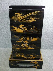 黒塗 蒔絵 五段 重箱 [B31694] 重箱の高さ43.5cm 縦24cm 横24cm 風景 箱 重台 梨地 漆器 漆芸 古玩 古美術