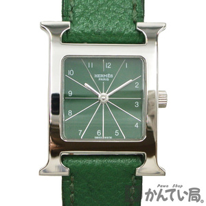 18738 HERMES【エルメス】Hウォッチ HH1.210 □A刻 1997年製造 クオーツ 腕時計 レザーベルト グリーン レディース ウォッチ【中古】