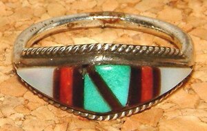 本物 2000年代前期 ズニ族 ZUNI族 インディアンジュエリー シルバー製 ターコイズ インレイ リング 指輪 (6.5号) 6号 ピンキーリング FUNNY