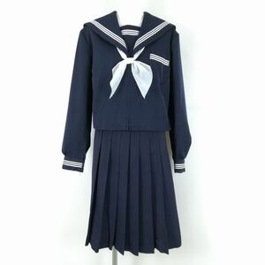 1円 セーラー服 スカート スカーフ 上下3点セット 165A 大きいサイズ 冬物 白3本線 女子 学生服 中学 高校 紺 制服 中古 ランクC EY9519