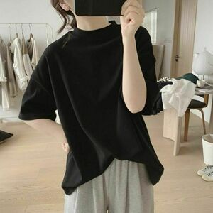 25☆10　プチハイネックシャツ　ブラック　レディース　コットン　半袖　シンプル