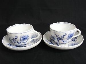 1000円スタート カップ&ソーサー 2客 MEISSEN マイセン ブルーオニオン 口径8.5×高さ6.5cm 食器 西洋工芸 陶磁器類 3 Z①920