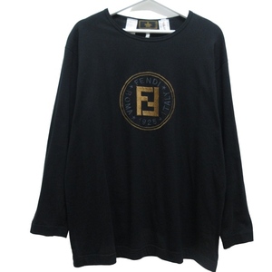 フェンディ FENDI 美品 サークルロゴ Tシャツ 長袖 刺繍 ブラック J-I44 XLサイズ相当 93409 0322 レディース