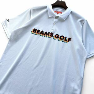 極美品■BEAMS GOLF【L】半袖 ポロシャツ ゴルフウェア ホワイト 白 ロゴプリント 吸水速乾 ストレッチ ビームスゴルフ メンズ 近年モデル