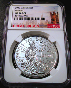 ●イギリス 2020年 NGC MS70DPL ブリタニア 2ポンド銀貨