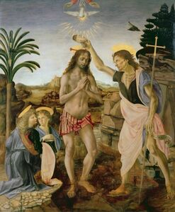 【フルサイズ版】ダ・ヴィンチ & ヴェロッキオ キリストの洗礼 1475年 ウフィツィ美術館 壁紙ポスター 489×594mm はがせるシール式008S2