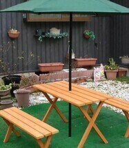 ガーデンテーブル3点セット 4人掛け 木製 テーブル パラソル穴付き ベンチ 送料無料 未使用 QT961