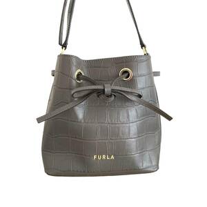 Furla フルラ Genuine Leather クロコ型押し ショルダーバッグ グレー系