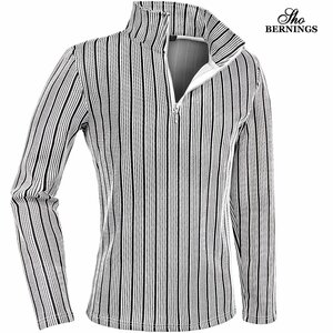 334033-01 Bernings sho ポロシャツ ハーフジップ 長袖 ストライプ柄 シンプル ロンT mens メンズ(ホワイト白×ブラック黒) M