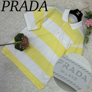 プラダ メンズ ポロシャツ ボーダー ホワイト イエロー 白 黄 M