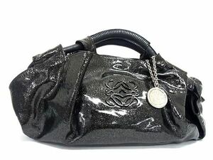 1円 ■美品■ LOEWE ロエベ アナグラム ナッパアイレ パテントレザー ゴールドラメ ハンドバッグ トート レディース ブラック系 FA3938